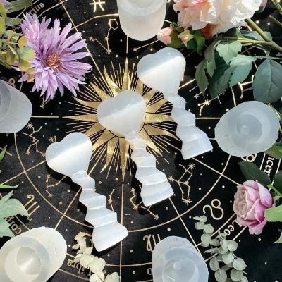 China Europe Natural Carved Puffy Selenite Spiral Heart Tower Crystal Satin Spar Heart Crafts Polished Selenite Twist Tower Chakra Healing for sale