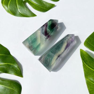 China Europe Natural Polished Rainbow Green Purple Fluorite Crystal Point Tower Wand Candy Fluorite Carved Obelisk Crafts Chakra Healing for sale