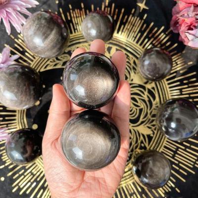 China Europe Natural Large Silver Sheen Obsidian Black Obsidian Gemstone Sphere Obsidian Crystal Ball Root Chakra Healing for sale