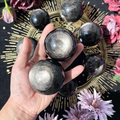 China Europe Natural Polished Silver Sheen Obsidian Black Obsidian Gemstone Sphere Obsidian Crystal Ball Root Chakra Healing for sale