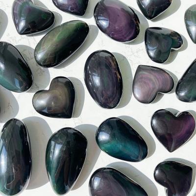 China Europe Natural Polished Rainbow Obsidian Black Obsidian Gemstone Palm Stone Obsidian Crystal Pocket Stone Root Chakra Healing for sale