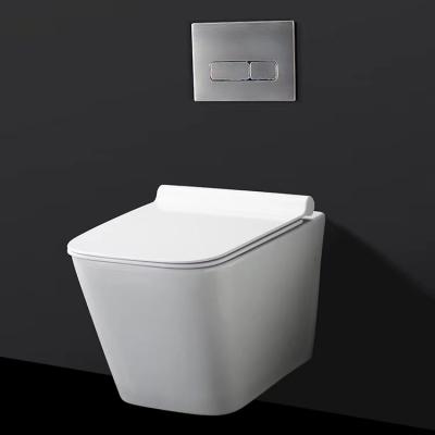 China Hidden Cistern Easy-Cleaning One-Piece Tankless Commode Flushing WC Square Rimless Wall Hung Toilet for sale