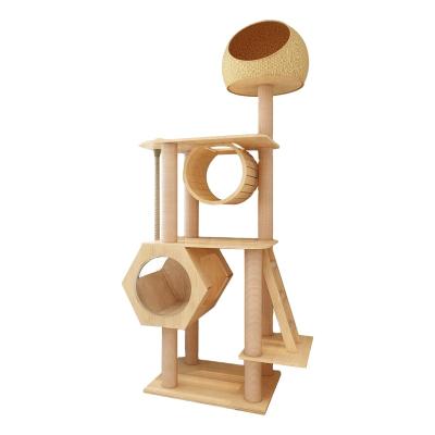 China Sohpety Sustainable Luxury Pet Wholesale Hotsale Natural Wooden House Tower Dwelling With Platform Tall Wooden Cat Tree Protection for sale