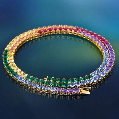 China Wholesale Hiphop 14K Gold Plated Tennis Iced Out Multicolor Zircon Crystal Diamond Stone Rainbow Tennis Necklace for sale