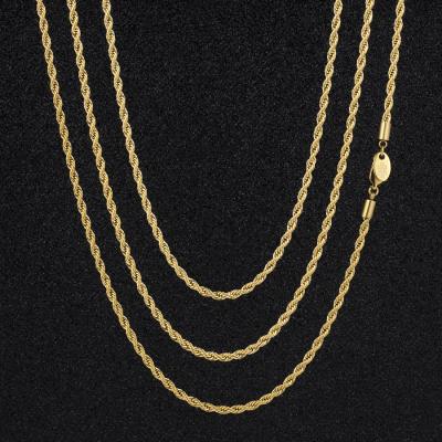 China 3mm Unisex Sliver 18-26inch 18K Non-fading Gold Plated Stainless Steel Rope Chain Necklace for sale