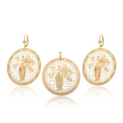 China New CLASSIC Rural Style Design Vase Carved Round Shape 18K Gold Dangle Earrings Set Two Pieces for sale