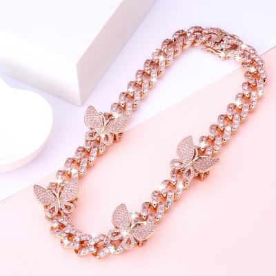 China Butterfly Necklace Choker Non-fading Multi Gold Plated Pink Zircon Diamond Cuban Link Chain for sale