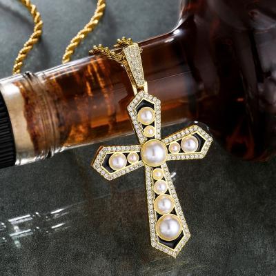 China Lady's Jewelry High Quality Gold Plated CZ White Choker Necklace Pearl Bead Cross Pendant for sale