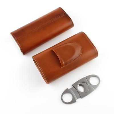 China Portable Top Quality Portable Cigar Humidor Case Leather 3 Finger With Cutter for sale