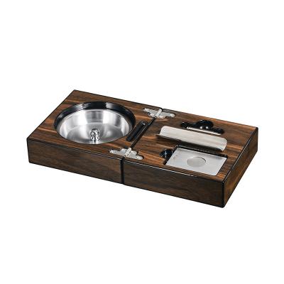 China Portable Portable Folding Wooden Walnut Cigar Ashtray With Cutter And Puncher for sale