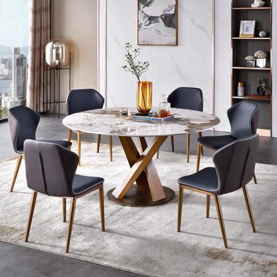 China (Other) Adjustable Modern Gold Round Tempered Marble Dining Table Set 6 Seater for sale