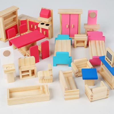 China Cartoon furniture wooden mini children's simulation intellectual toy set play model house wooden toys for sale