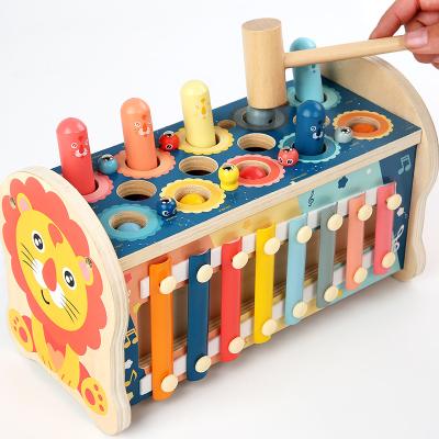 China 2021 Educational Best Selling Montessori Three In One Wooden Educational Toy Children's Beating Percussion Instrument Lion Hamster for sale