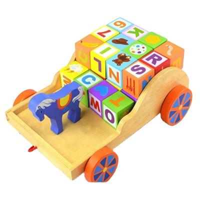 China Wooden Educational Construction Toy Building Arabic Alphabet Blocks Bolcks Cart Toy for sale