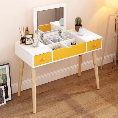 China Multifunctional Wooden Dressing Table Makeup Table Solid Wood Vanity Set with Flip Top Mirror Writing Desk with 2 Drawers 5 Removable Divider Decor for sale