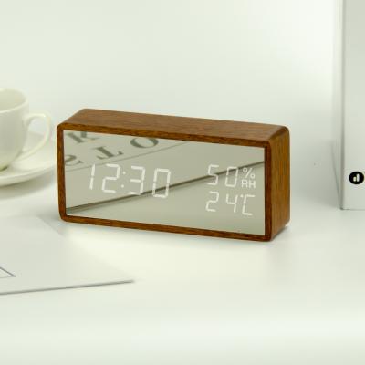 China Real Wood Calendars Indoor LED Thermometer Hygrometer Desktop Wooden Digital Alarm Clock For Bedstand for sale