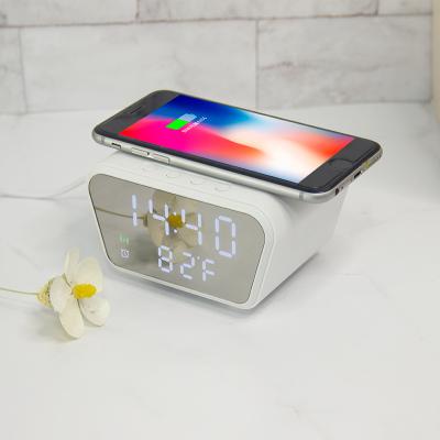 China EMAF USB Charging Calendars Mobile Phone Qi 10 Watt Wireless Fast Charging Mirror Alarm Clock 3 Setting Digital Temperature Led Clock for sale