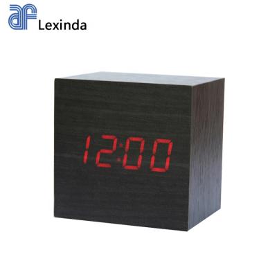 China EMAF Class Small Cube Home Decorate Clock Promotional Gift Wooden Red Digital Tabletop Alarm Clock With Time Date Temperature Display for sale