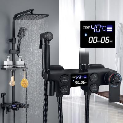 China With Smart Digital Slide Bar Rainfall Shower Mixer Thermostatic Shower Set Black Bathroom Shower Faucet Set With Bidet Spray for sale