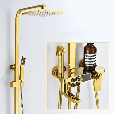 China With Slide Bar Gold Bathroom Thermostatic Shower System With Wall Mounted Bathtub Faucet Mixer Brass Shower Set Multifunctional Shower Set for sale