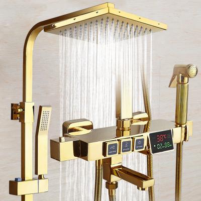 China With Sliding Bar LED Screen Digital Bathroom Rain Shower Mixer Sanitary Set Shower Faucet Set Gold With Big Rainfall Shower Head for sale