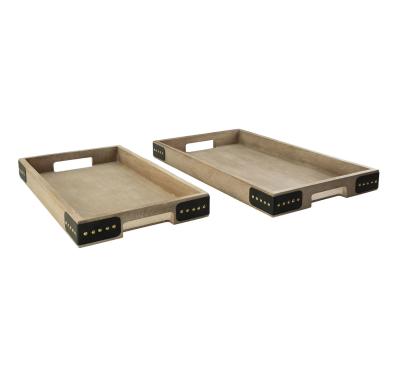 China Home Decorative Rustic Wooden Rectangular Nesting Handmade Carved Serving Trays With Rivets Set Of 2 for sale