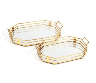 China Home Decorative Eco-Friendly Gold Geometric Rectangular Metal Trays Serving Tray with Handles Set of 2 for sale