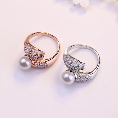 China Hot Selling Pearl Punk Ring Sterling Silver Leopard Head Ring Crystal Inlaid Zircon Open Animal Ring Manufacturer for sale