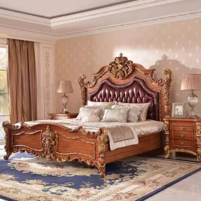 China EU Factory Directly Supply Luxury Frame Designs Heavy Gold Hand-carved Solid Wood Genuine Leather Bedroom Furniture for sale