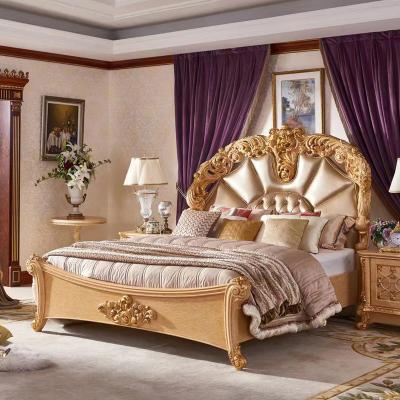 China Unique EUROPEAN Rose Yellow Bright Gold Color And Finish All Solid Wood Handmade Leather Italian Design Luxury Bedroom Bed for sale