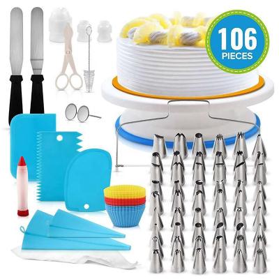 China Free Samples Viable 106 Pcs Cake Set Turning Baking Tool Kit 11 Inch Non Slip Cake Stand Cake Turntable for sale