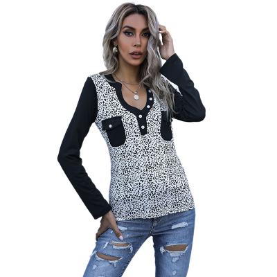 China 2021 Drops Leopard Printing Thin T-shirt Long Sleeve Loose And Comfortable Sweater Bottoming Shirt Women's Low-neck for sale