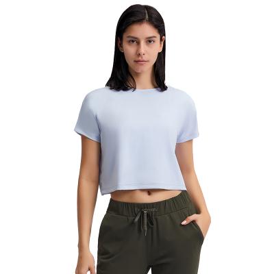 China New Women's Loose Running Top Yoga Round Neck Breathable Half Length Short Sleeve Crop Tops Fitness Shorts for sale