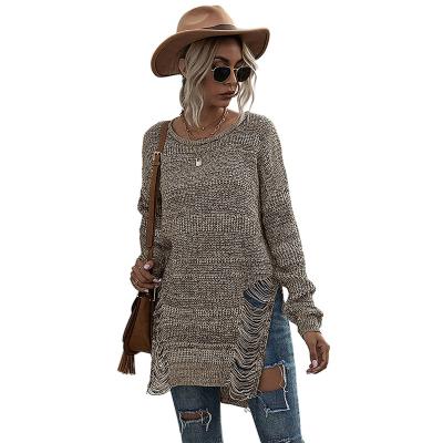 China Fashion Trends Fall 2021 Solid Color Round Neck Hole Cavity Long Sleeve Round Crochet Knitted Forest Sweater Women for sale