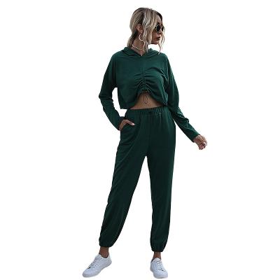 China 2021 European and American autumn straight shoulder long-sleeved cordless suit sweater solid color drawstring female two-piece suit for sale