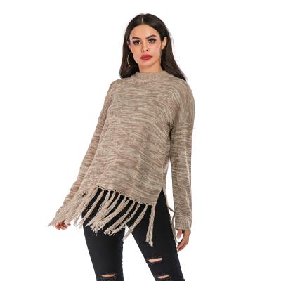 China Keep the 2021 European and American autumn new warm knitted long-sleeved women's color matching round neck tassel basic sweater for sale