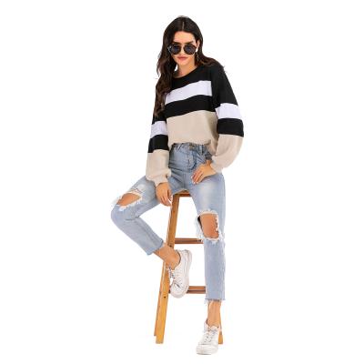 China Keep 2021 new autumn hot European and American style women's round neck knitted striped round neck basic long-sleeved sweater for sale