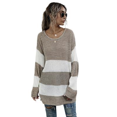 China Keep Warm 2021 Fall Striped Color-blocking Knit Sweater With A Sweater In Mid Length Women for sale