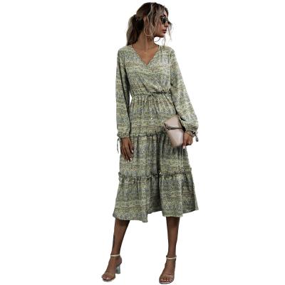 China European and American long-sleeved printed wood women's autumn 2021 comfortable v-neck ear lace dress for sale