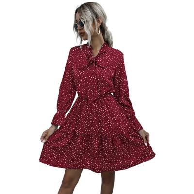 China And American factory direct sale 2021 fall casual/sexy polka dot trumpet collar scarf pleated short dress European long for sale