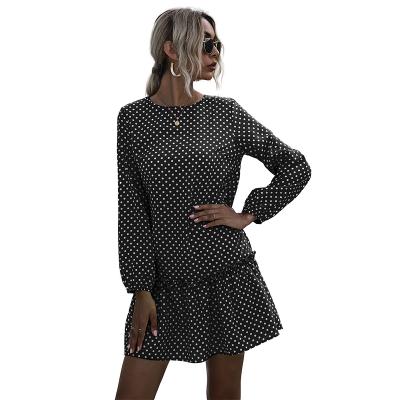 China 2021 Autumn Women's Casual/Sexy Print Polka Dot Long Sleeve Round Neck Short Dress With Wooden Ears for sale