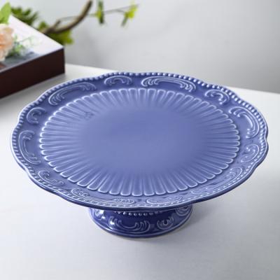 China Wholesale Cheap Stocked Cake Tools Dessert Cupcake Serving Cake Dish Round Blue Glazed Ceramic Cake Stand for sale