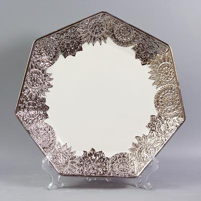 China Hot-selling Silver Sunflower Pattern Dinner Dish Polygon Pasta Serving Stocked Ceramic Electroplating Dish for sale