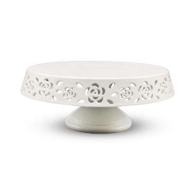 China Rose Design White Ceramic Cake Stand Food Safe Stored Safe Dish With Perforation For Wedding Party for sale