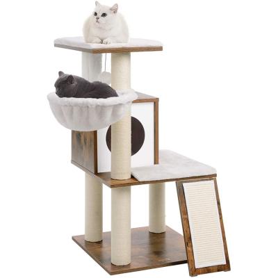 China YangyangPet Sustainable Carpet Wooden Sisal Rope Beige Premium Upholstered Wooden Wall Cat Tree House For Cats for sale