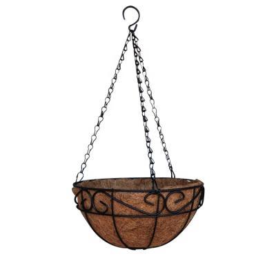 China 12inch Durable Home Decoration Black Metal Wire Iron Flower Basket Coconut Coconut Fiber Pod Flower Hanging Pot Holder With Chain for sale