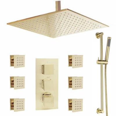 China Luxury Brushed Gold Free Slide Bar 16 Inch Ceiling Thermostatic Shower Head Set for sale