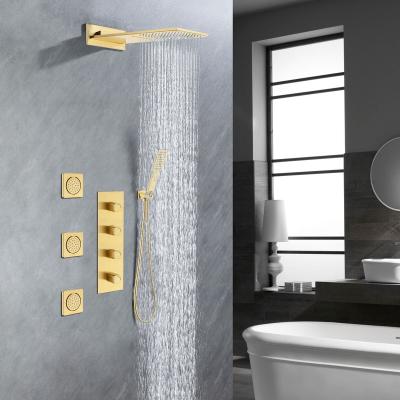 China Brushless Gold Bathroom Shower System 2 Function Solid Brass Shower Head Combo Set for sale