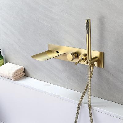 China Sense Faucets Bathtub Spout Bathroom Tub Gold Finish Waterfall Wall Mounted Bathtub Faucet With Hand Held Shower for sale