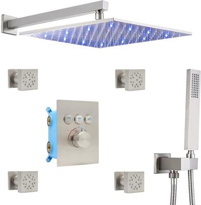 China With Diverter Shower Faucet Set Complete System Brushed Nickel Thermostatic LED Rain Shower Kit for sale